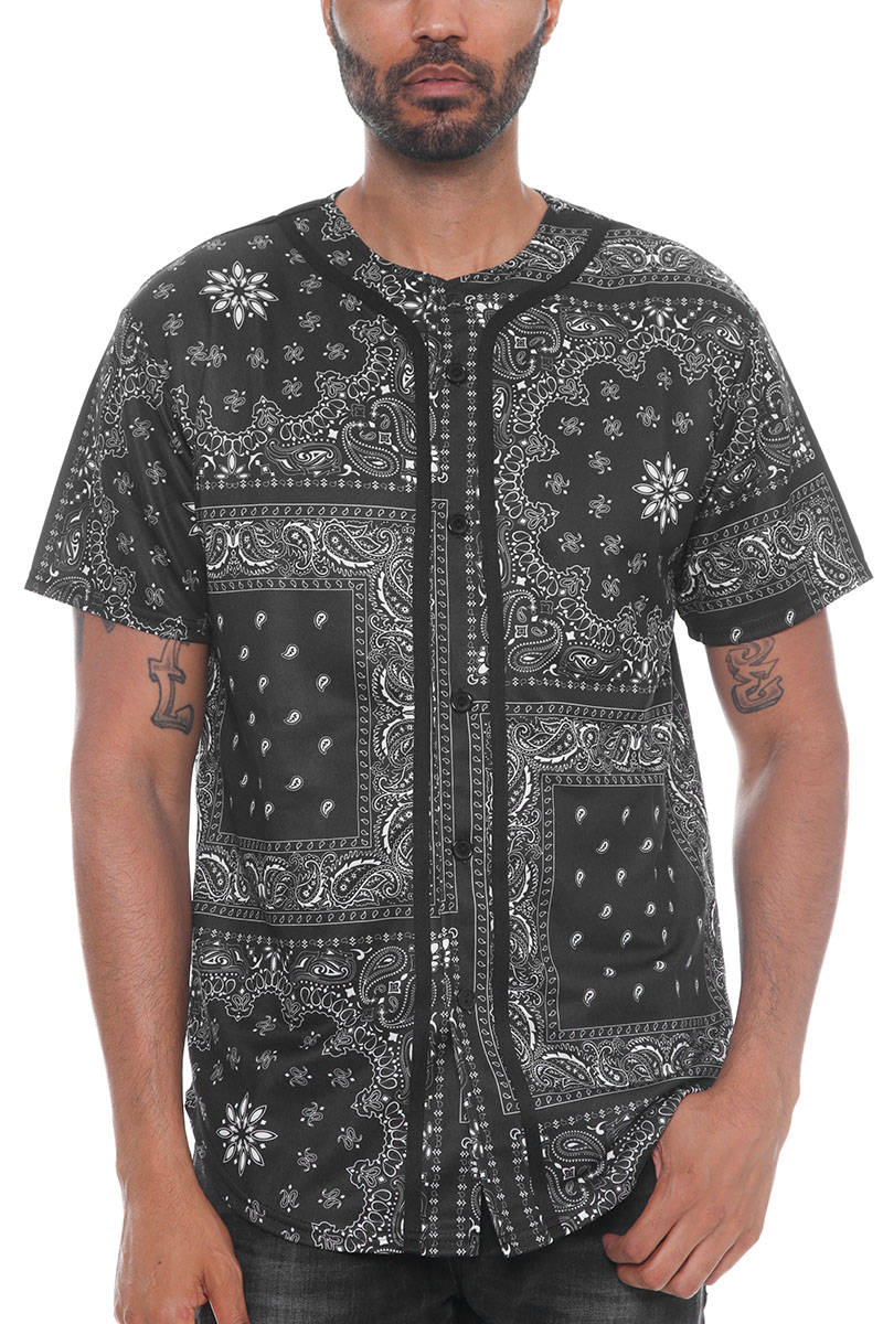 A stylish baseball jersey featuring a vibrant paisley bandana print, designed with a classic button-down closure and made from durable polyester fabric.