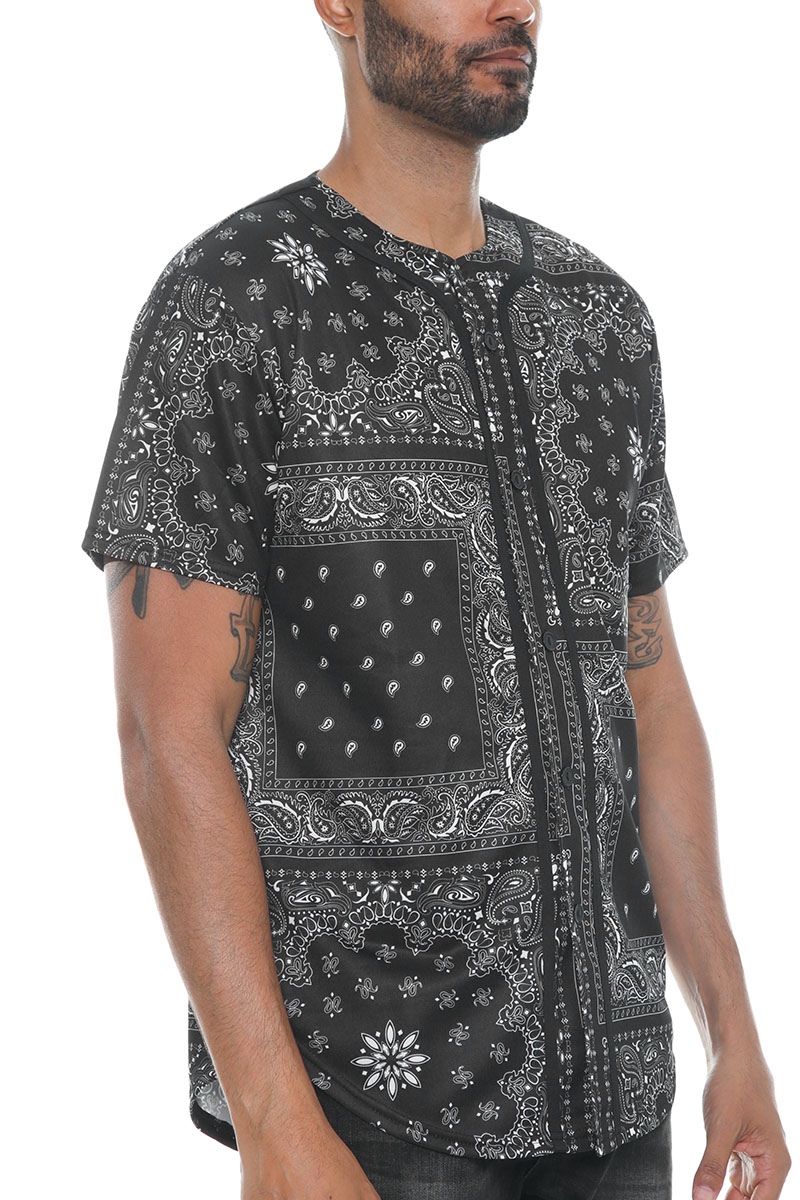 A stylish baseball jersey featuring a vibrant paisley bandana print, designed with a classic button-down closure and made from durable polyester fabric.