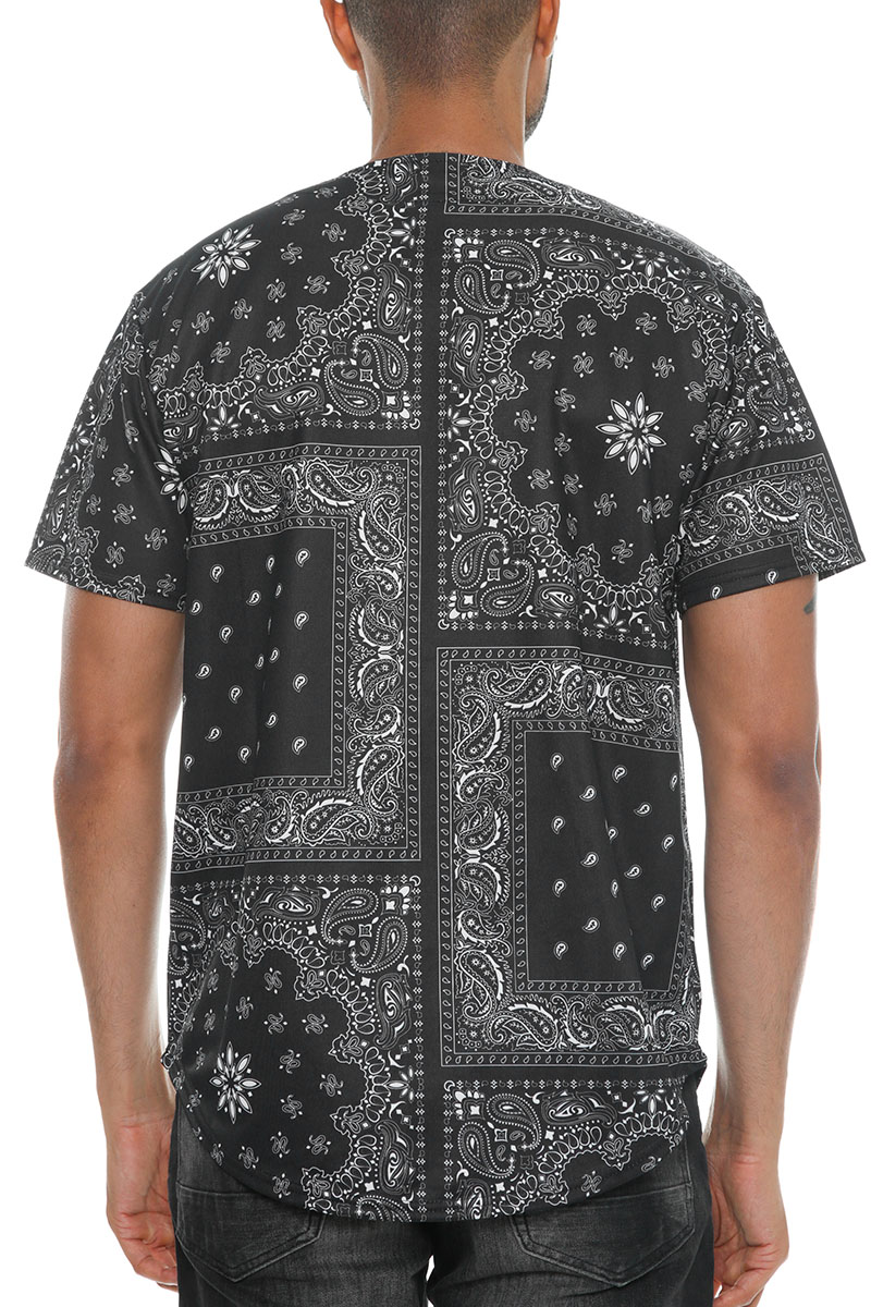 A stylish baseball jersey featuring a vibrant paisley bandana print, designed with a classic button-down closure and made from durable polyester fabric.