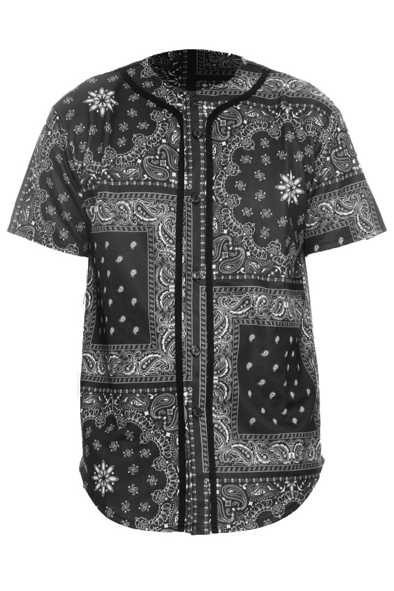 A stylish baseball jersey featuring a vibrant paisley bandana print, designed with a classic button-down closure and made from durable polyester fabric.