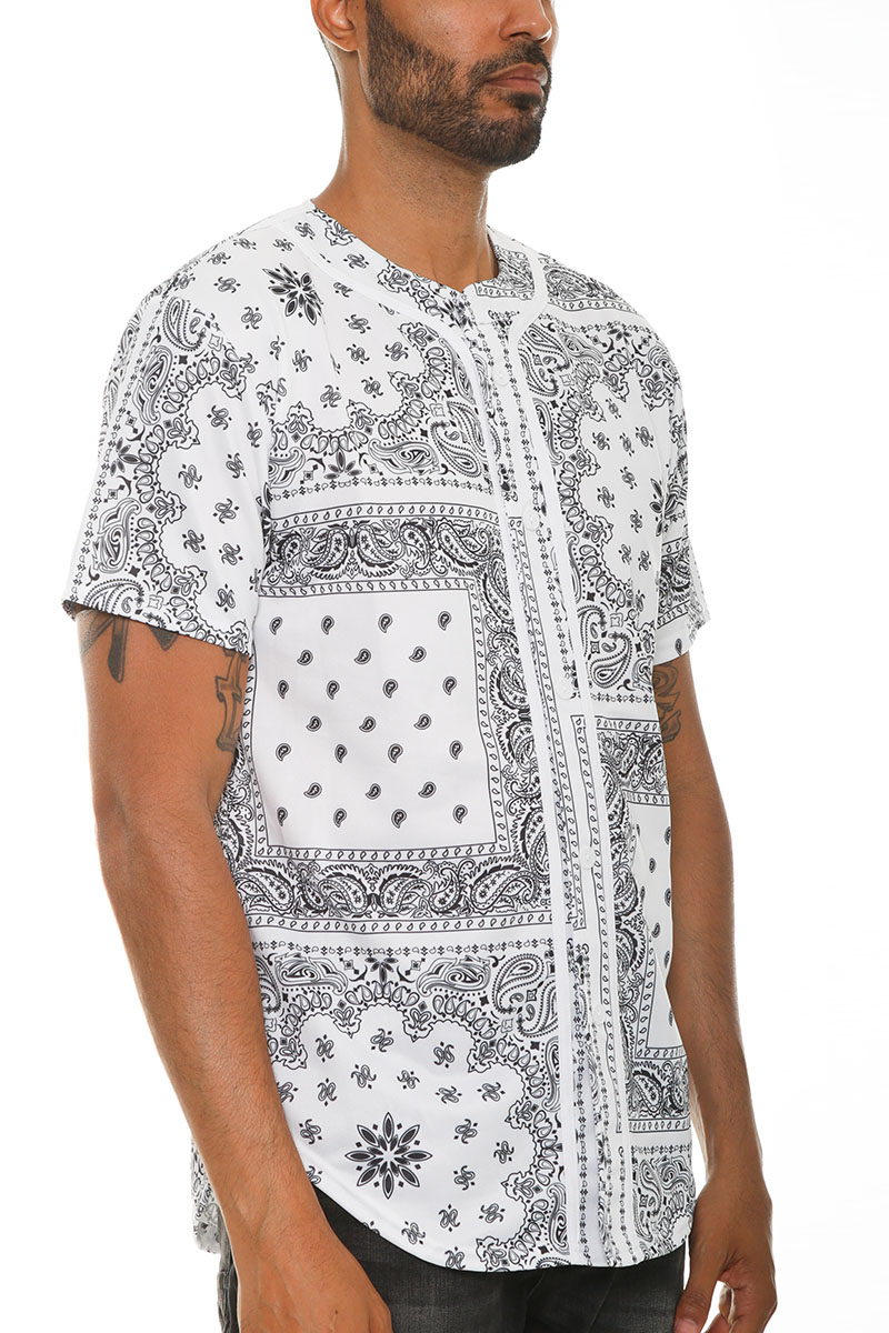 A stylish paisley print baseball jersey featuring button closure and regular fit, made from 100% polyester.