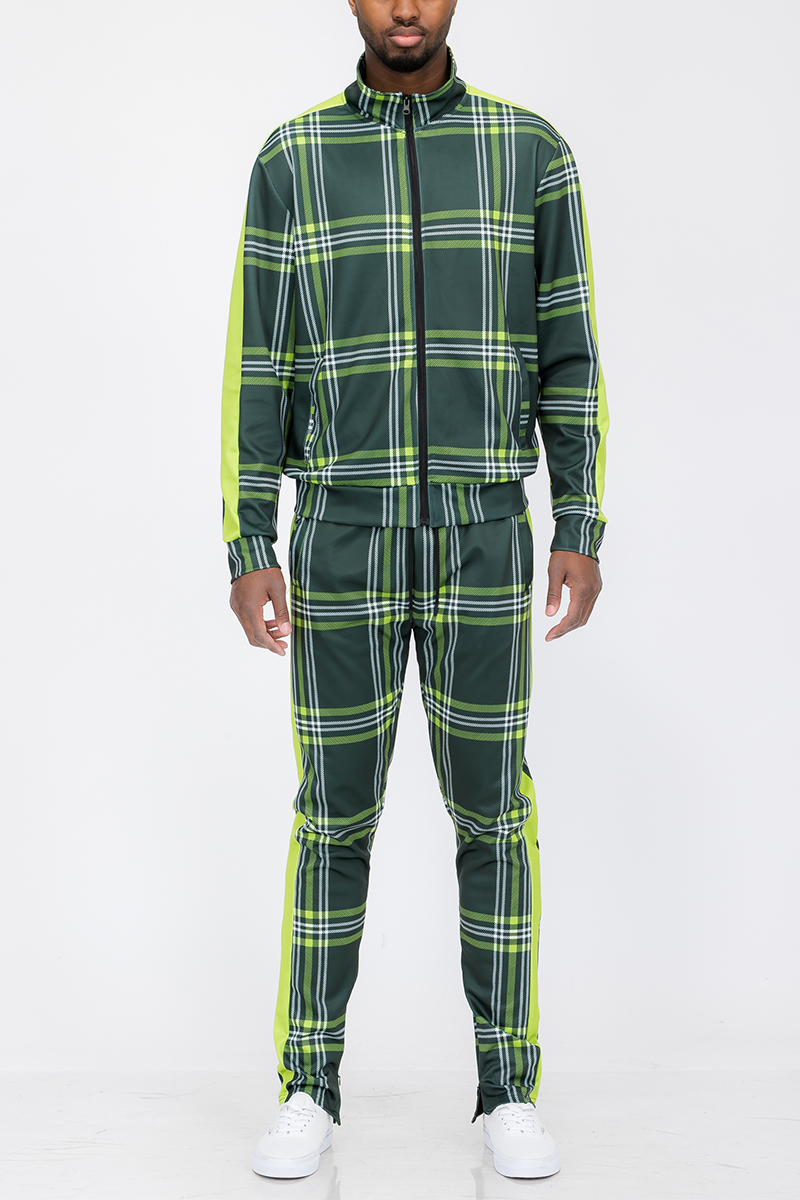 Plaid Track Jacket and Pant Set displayed on a mannequin, featuring a full zip jacket and elastic waist pants with ankle zippers.