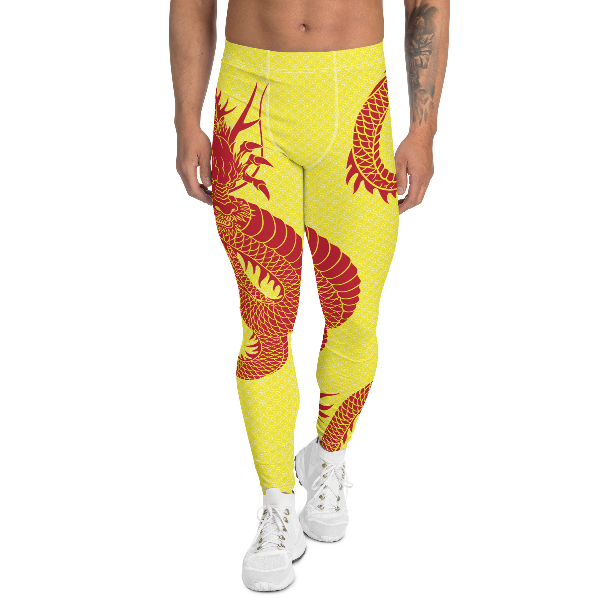 Red Dragon Yellow Leggings for Men, showcasing vibrant colors and a fitted design suitable for various activities.