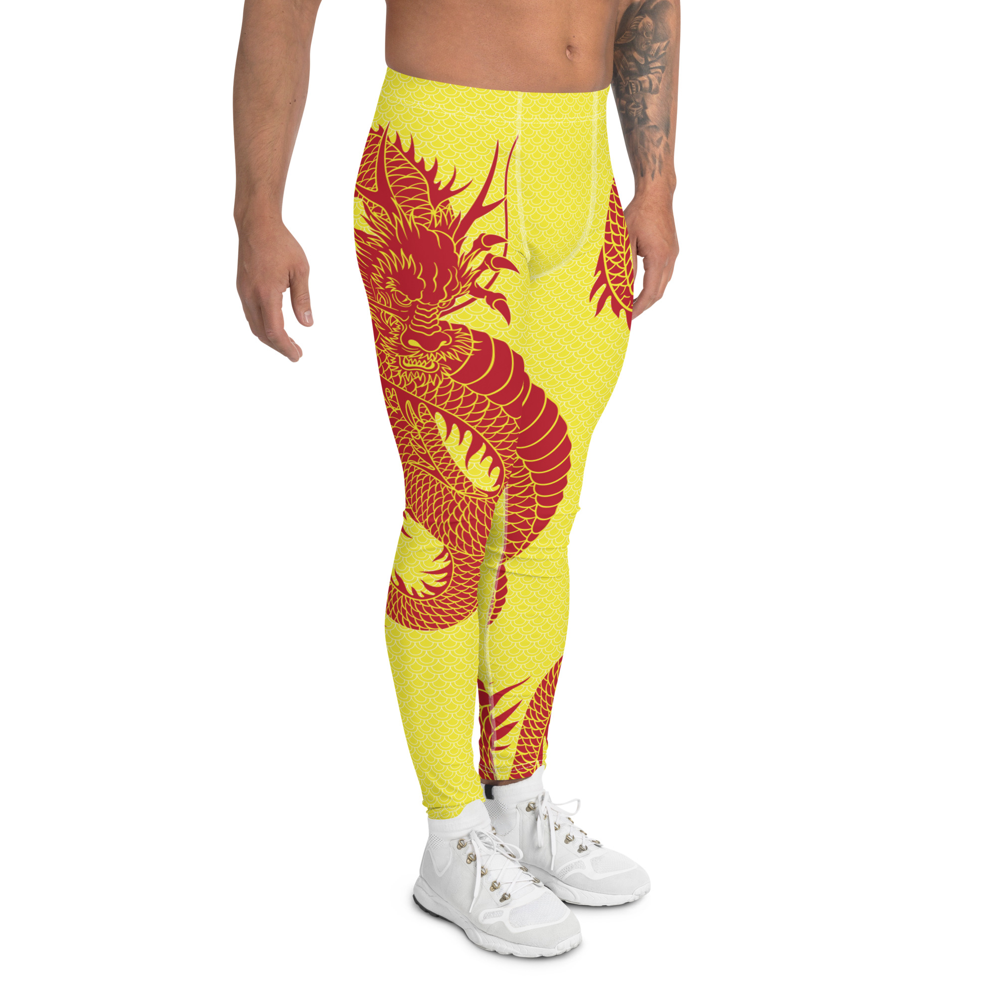 Red Dragon Yellow Leggings for Men, showcasing vibrant colors and a fitted design suitable for various activities.