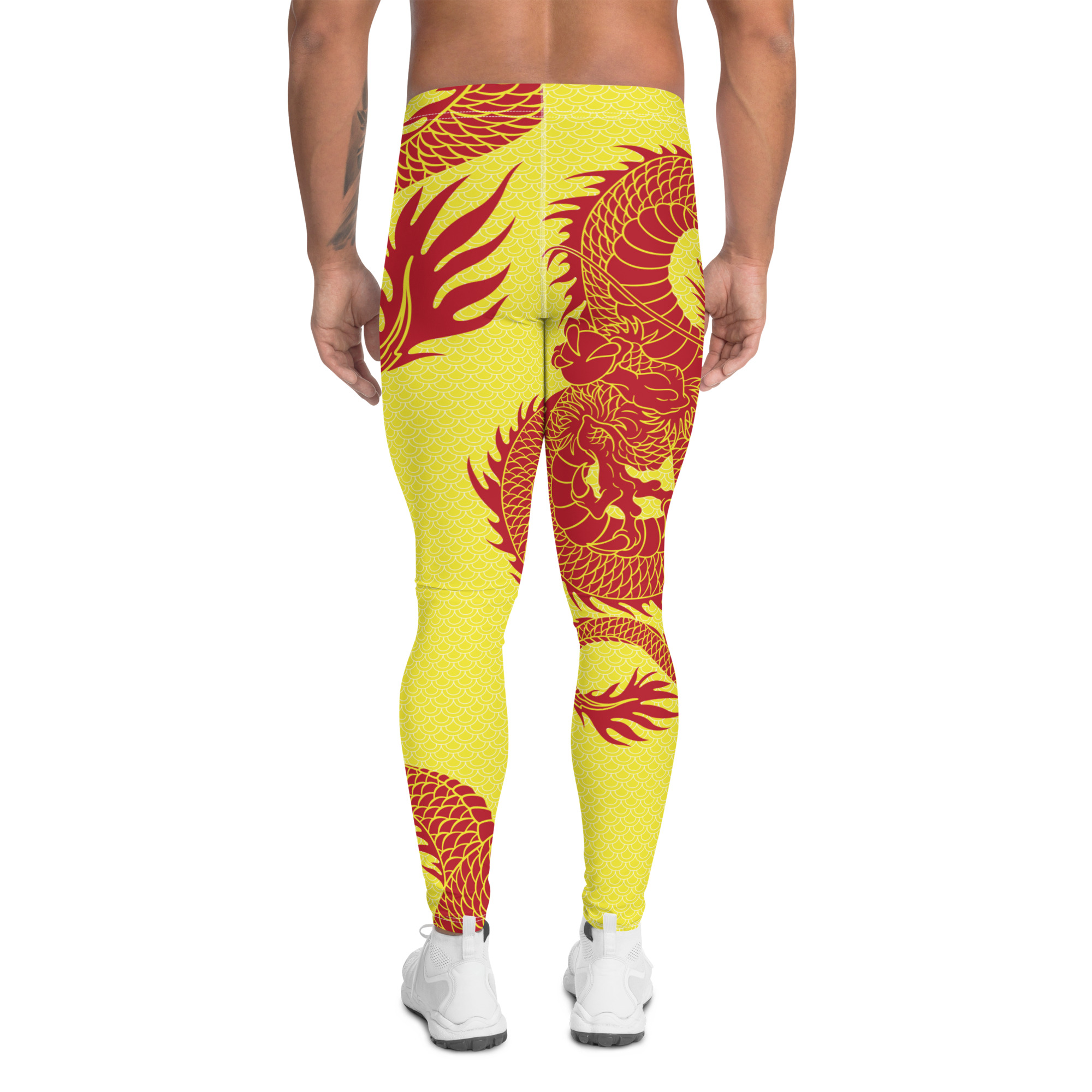 Red Dragon Yellow Leggings for Men, showcasing vibrant colors and a fitted design suitable for various activities.