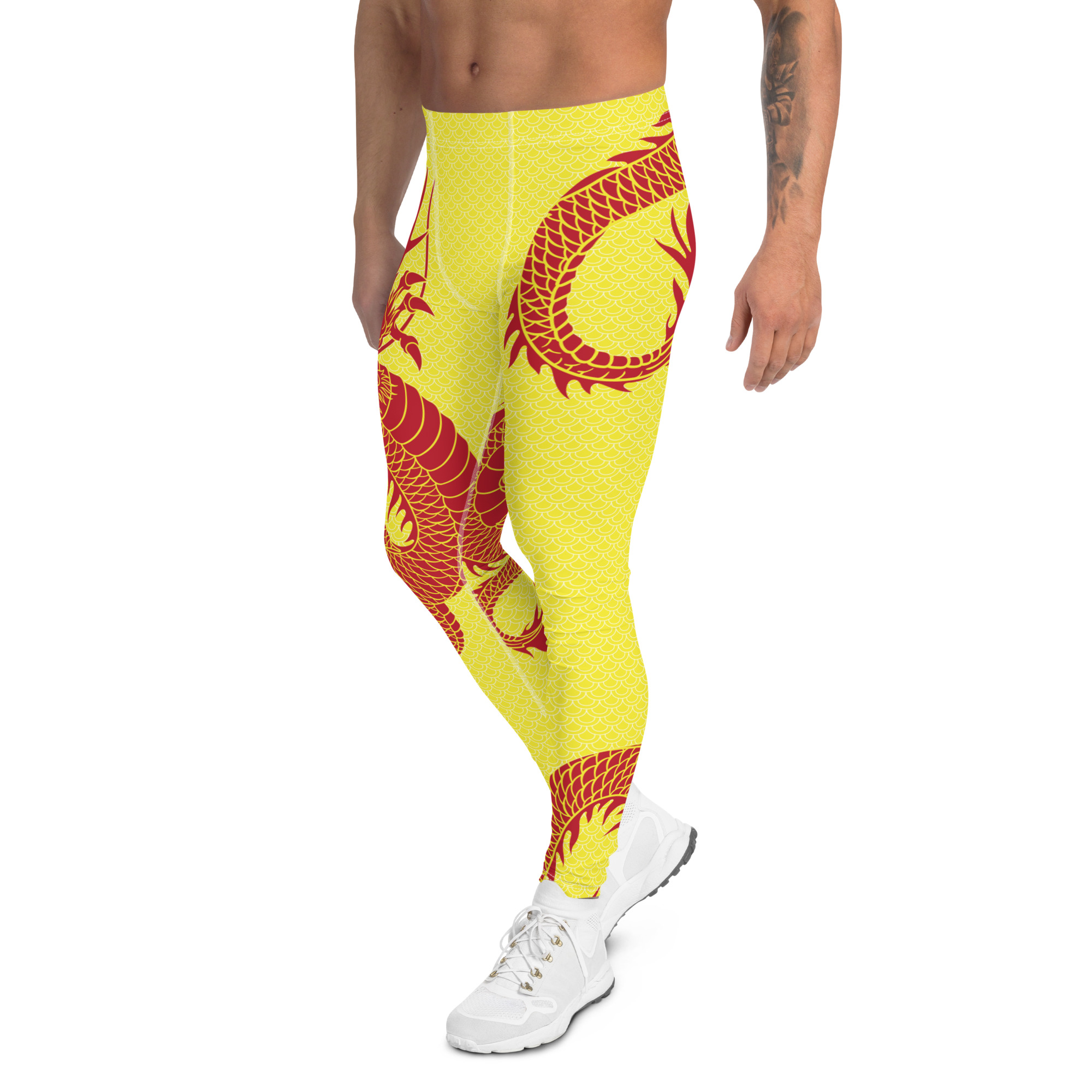Red Dragon Yellow Leggings for Men, showcasing vibrant colors and a fitted design suitable for various activities.