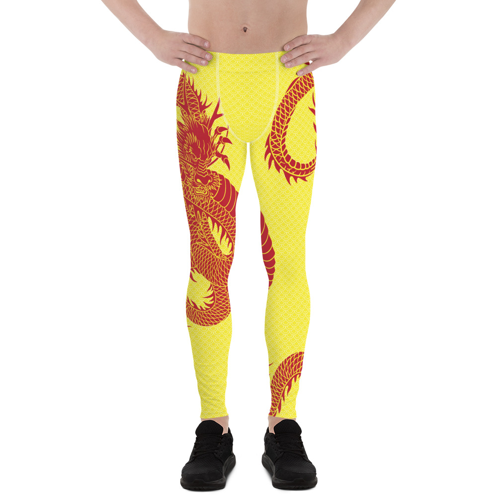 Red Dragon Yellow Leggings for Men, showcasing vibrant colors and a fitted design suitable for various activities.
