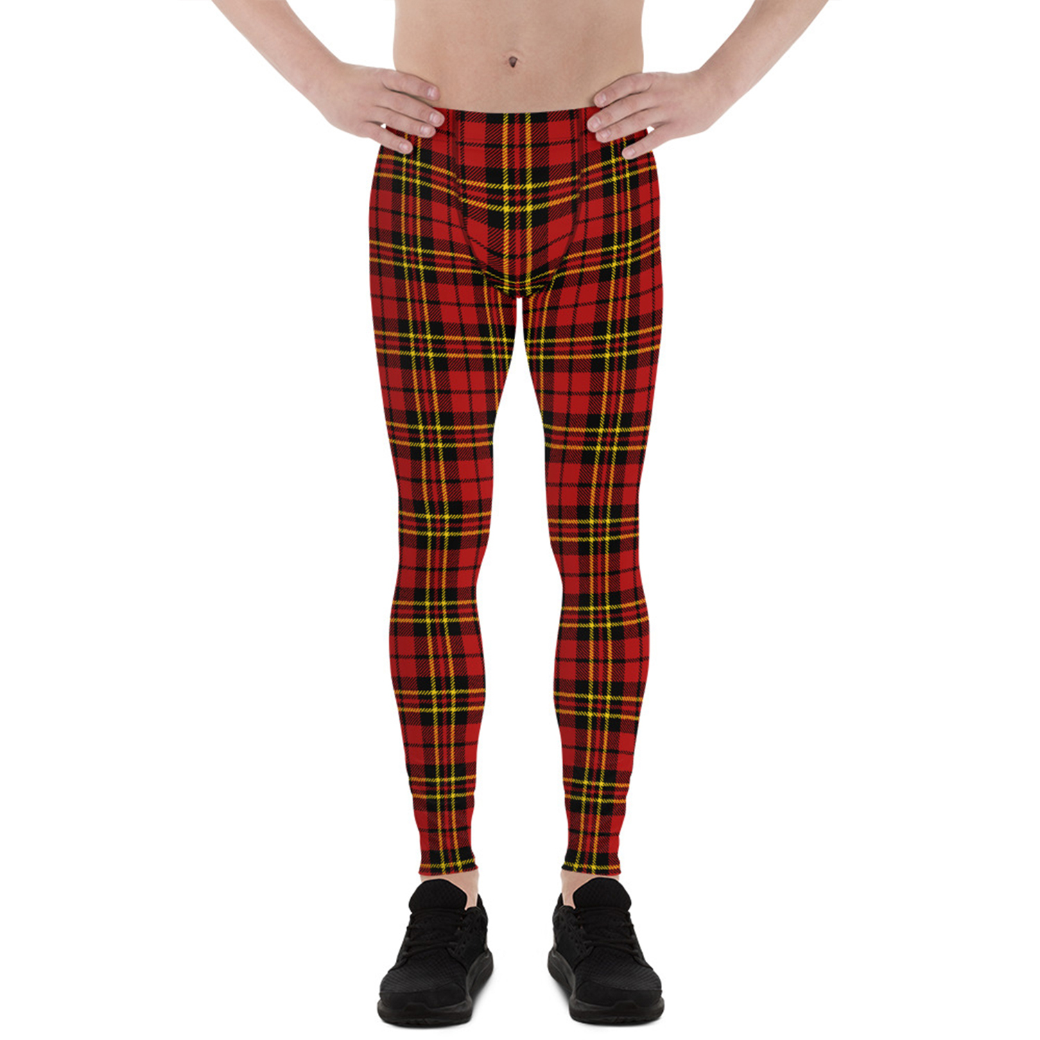 Red plaid tartan leggings for men, showcasing a stylish design and high-performance fabric blend.