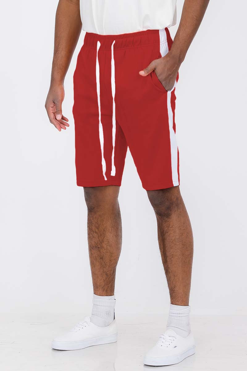 Red and white baseball jersey short set featuring button down closure and elastic waist shorts with pockets.