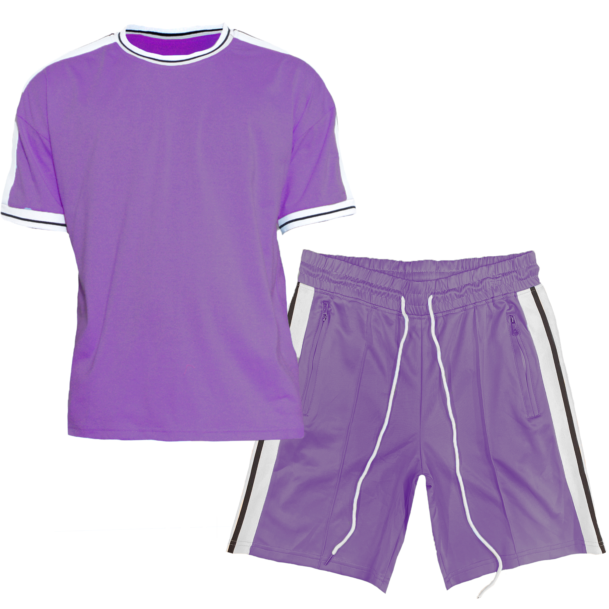 A stylish matching t-shirt and shorts set featuring striped tape along the sleeves and shorts, with an elastic waist and drawstring.