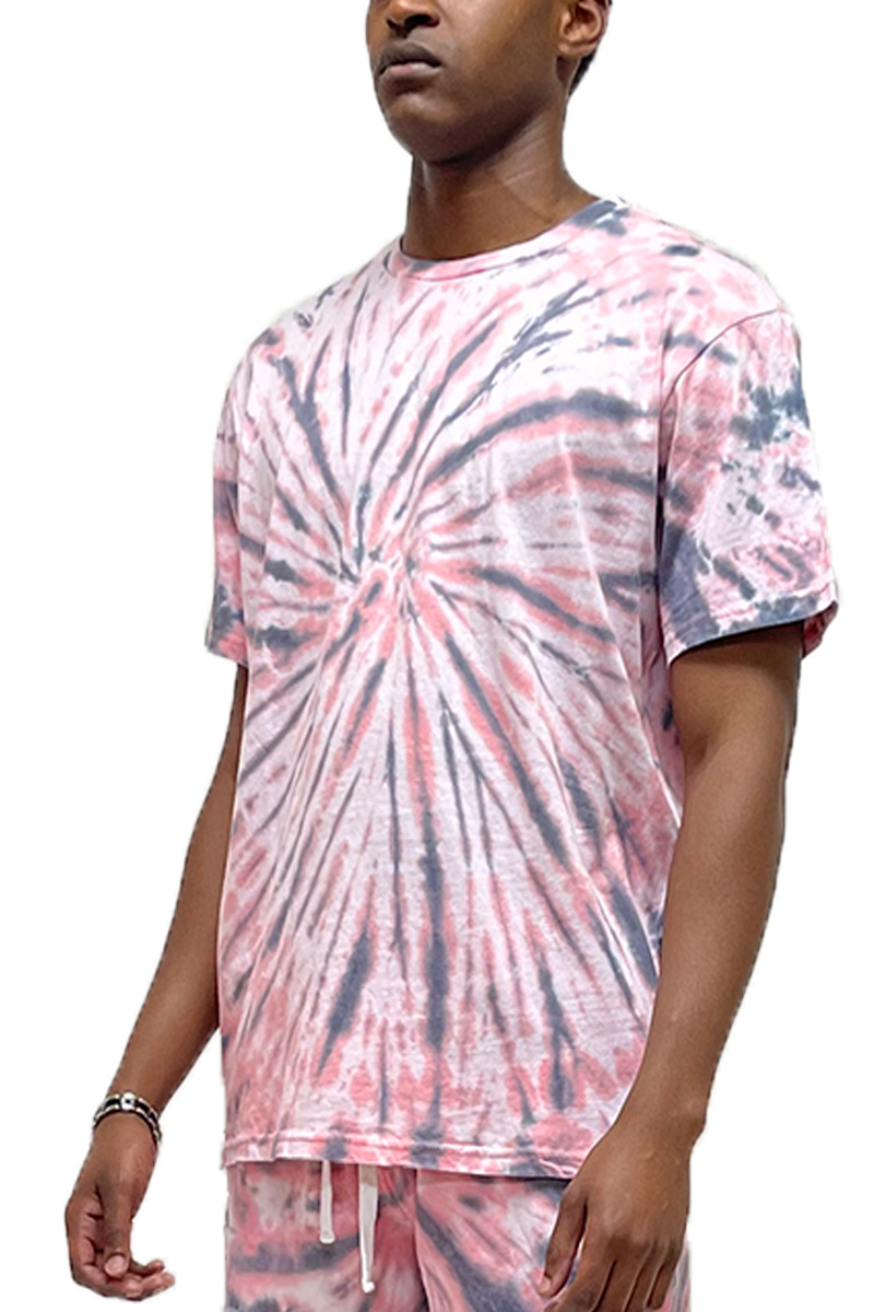 A vibrant Swirl Tye Dye T-shirt and Short Set displayed on a hanger, showcasing its colorful pattern and comfortable design.