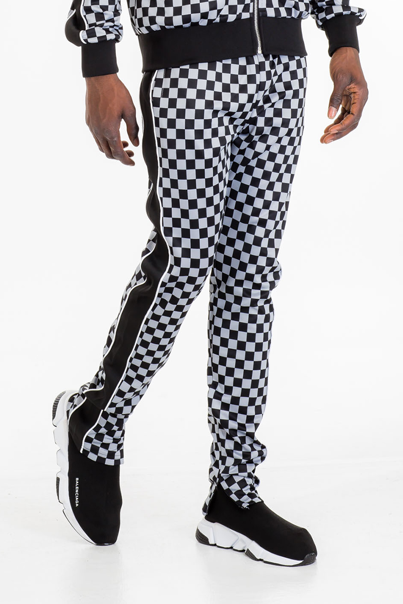 TP0512 Checkered Side Stripe Track Pants featuring a stylish checkered pattern, skinny fit, ankle zippers, and elastic waist.