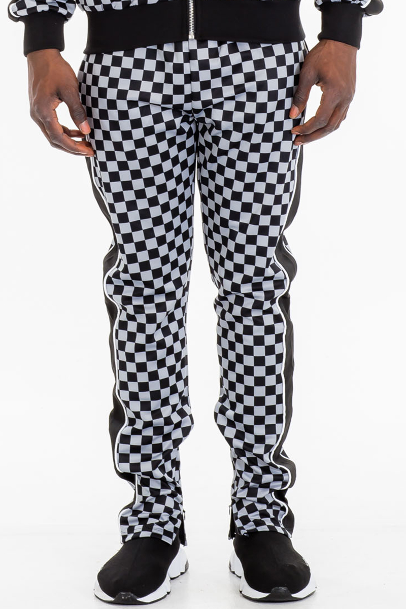 TP0512 Checkered Side Stripe Track Pants featuring a stylish checkered pattern, skinny fit, ankle zippers, and elastic waist.
