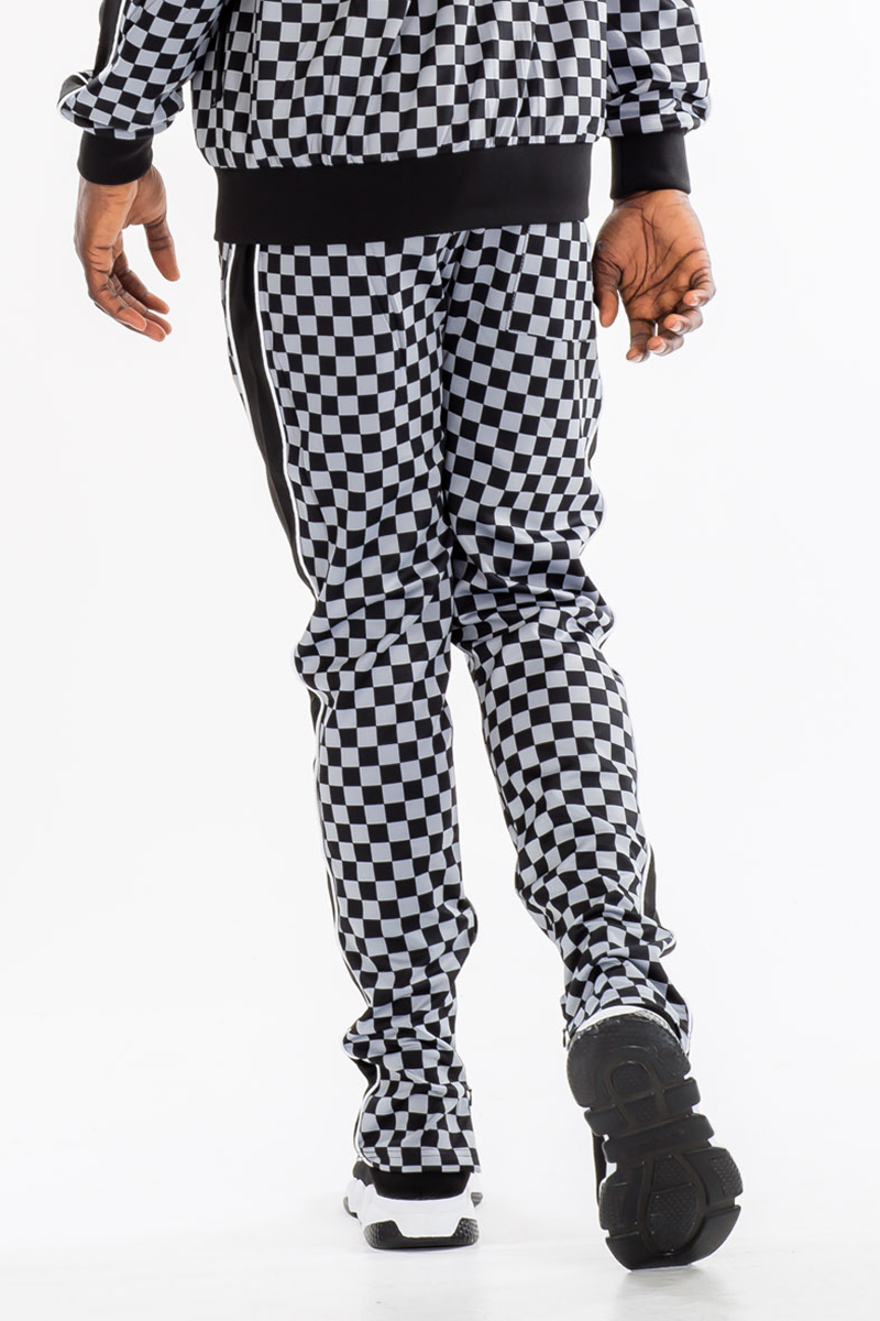 TP0512 Checkered Side Stripe Track Pants featuring a stylish checkered pattern, skinny fit, ankle zippers, and elastic waist.