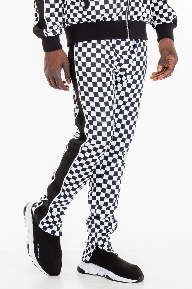 TP0512 Checkered Side Stripe Track Pants featuring a stylish checkered pattern, skinny fit, ankle zipper, and elastic waist for comfort.