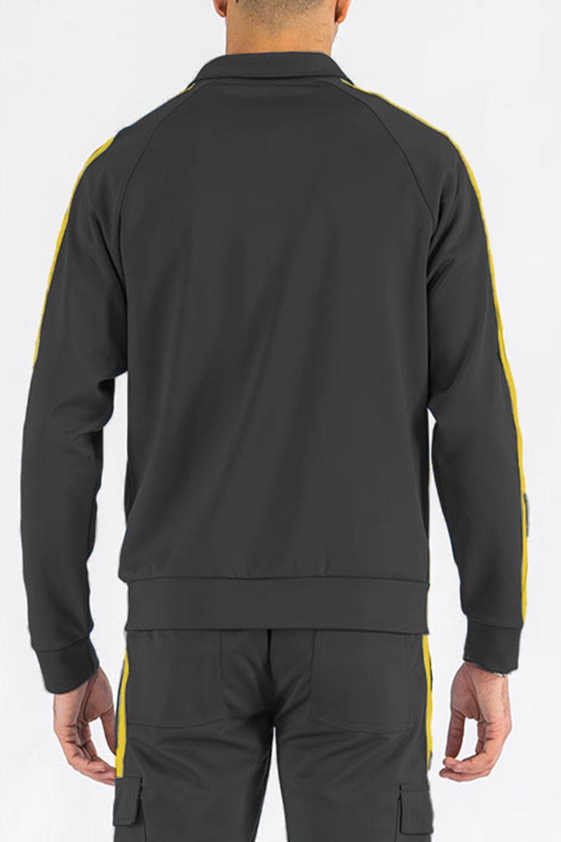 A stylish Two Stripe Zip Up Track Jacket featuring a full zip design and two stripes on the sleeves, made from a comfortable polyester and spandex blend.