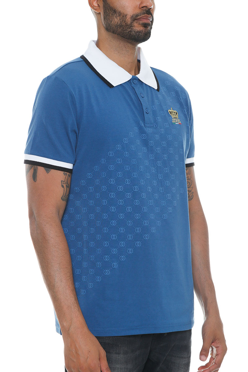Men's Italian Print Collared Polo Shirt featuring a button-down collar, chest embroidery, and stylish design on sleeves and cuffs.