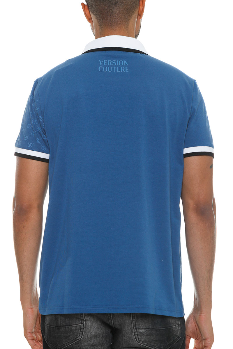 Men's Italian Print Collared Polo Shirt featuring a button-down collar, chest embroidery, and stylish design on sleeves and cuffs.