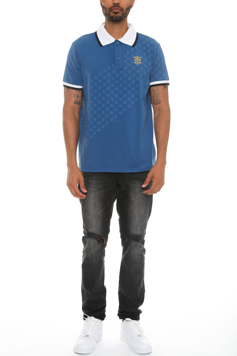 Men's Italian Print Collared Polo Shirt featuring a button-down collar, chest embroidery, and stylish design on sleeves and cuffs.