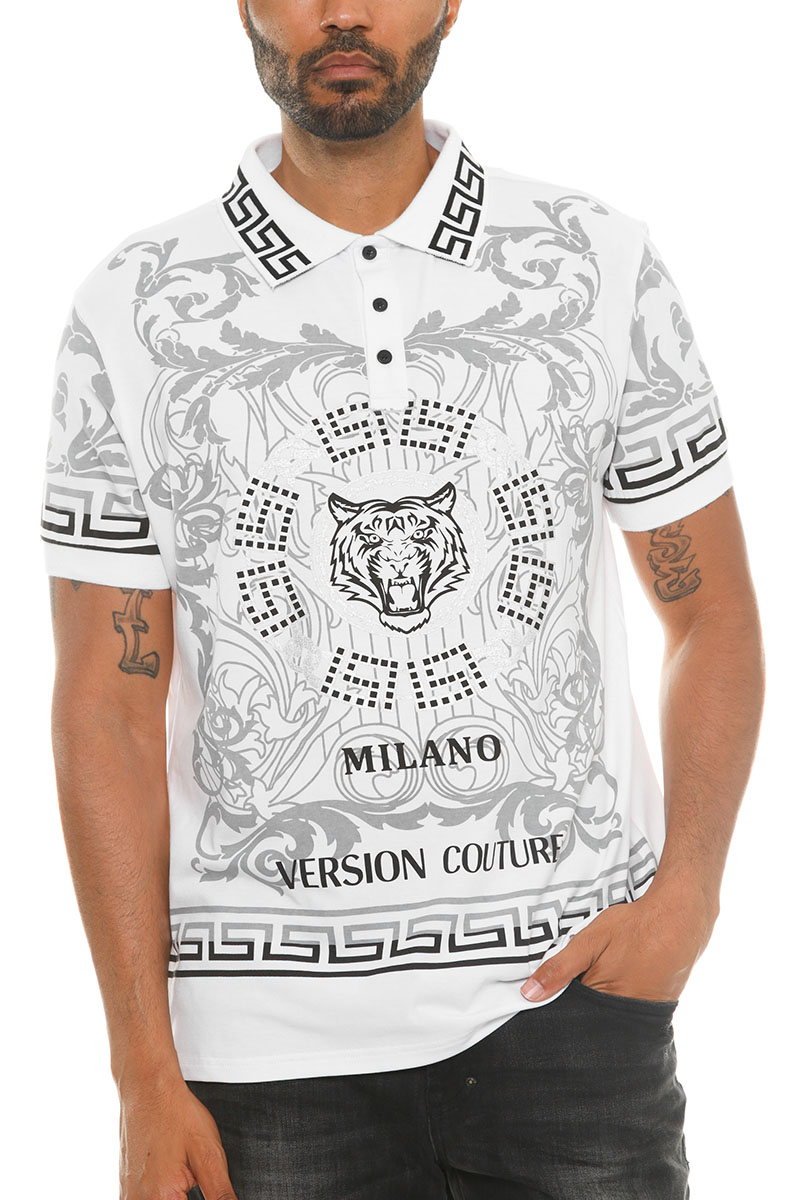 Men's Italian Print Collared Polo Shirt featuring a button-down design, flat knit collar, and stylish embroidery on the chest and sleeves.