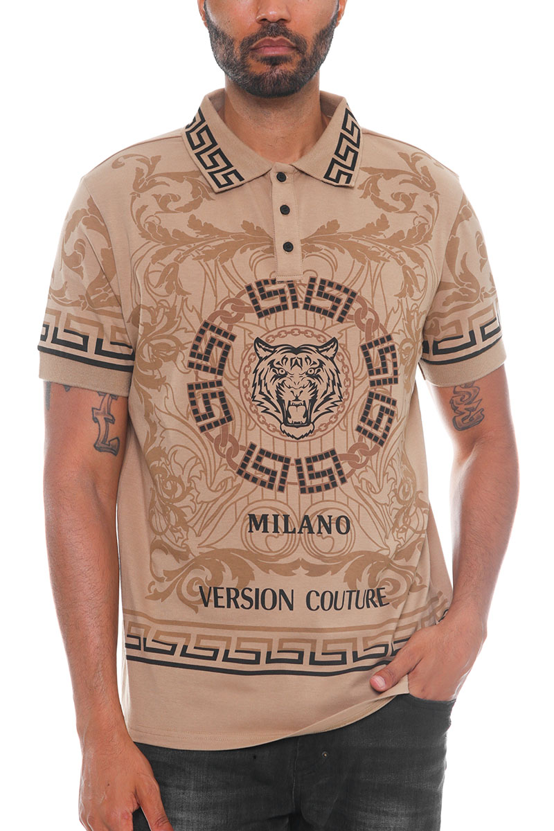 Men's Italian Print Collared Polo Shirt featuring a button-down design, flat knit collar, and stylish embroidery on the chest and sleeves.