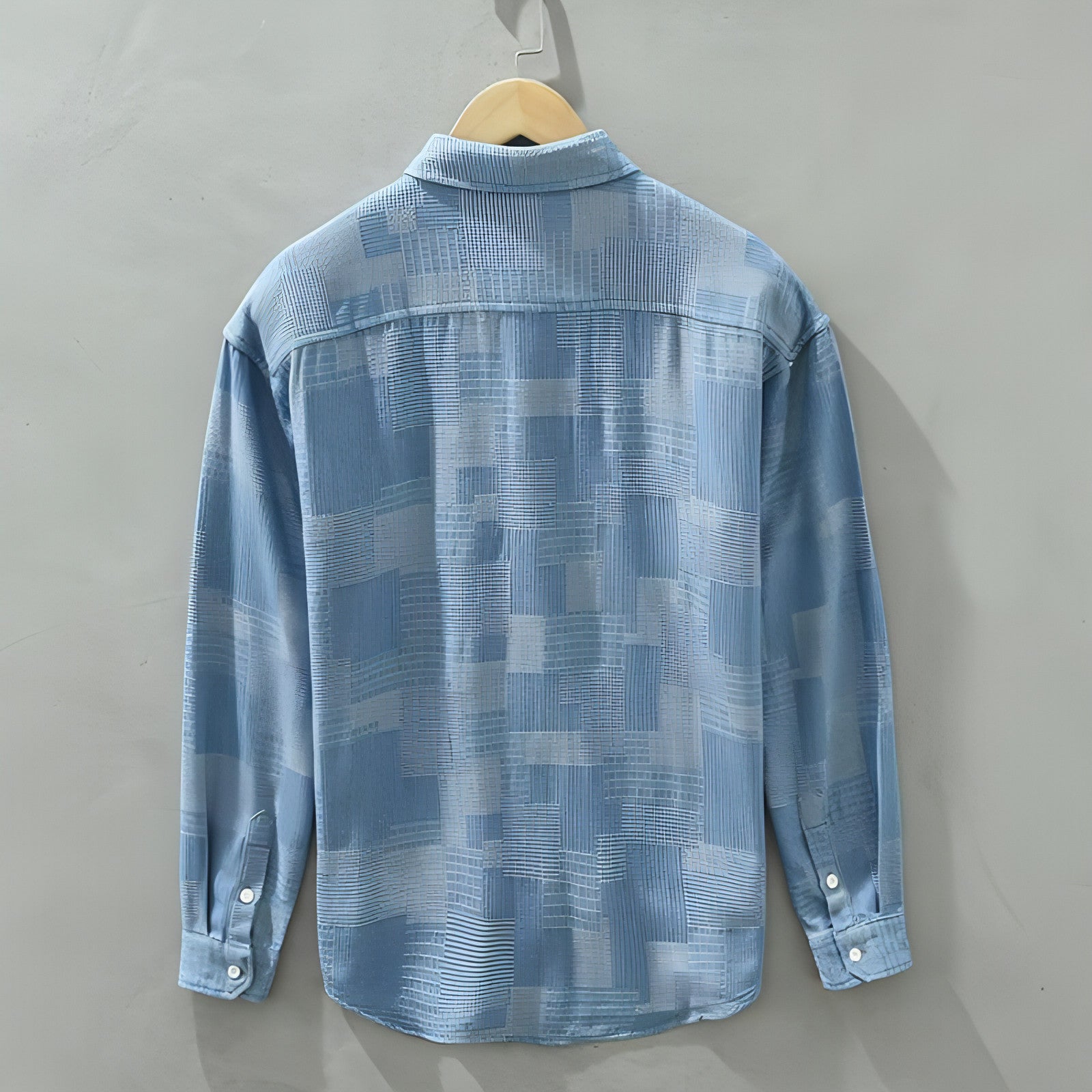 Men's Jacquard Color Matching Casual Denim Long-sleeved Dress Shirt showcasing stylish design and premium fabric.