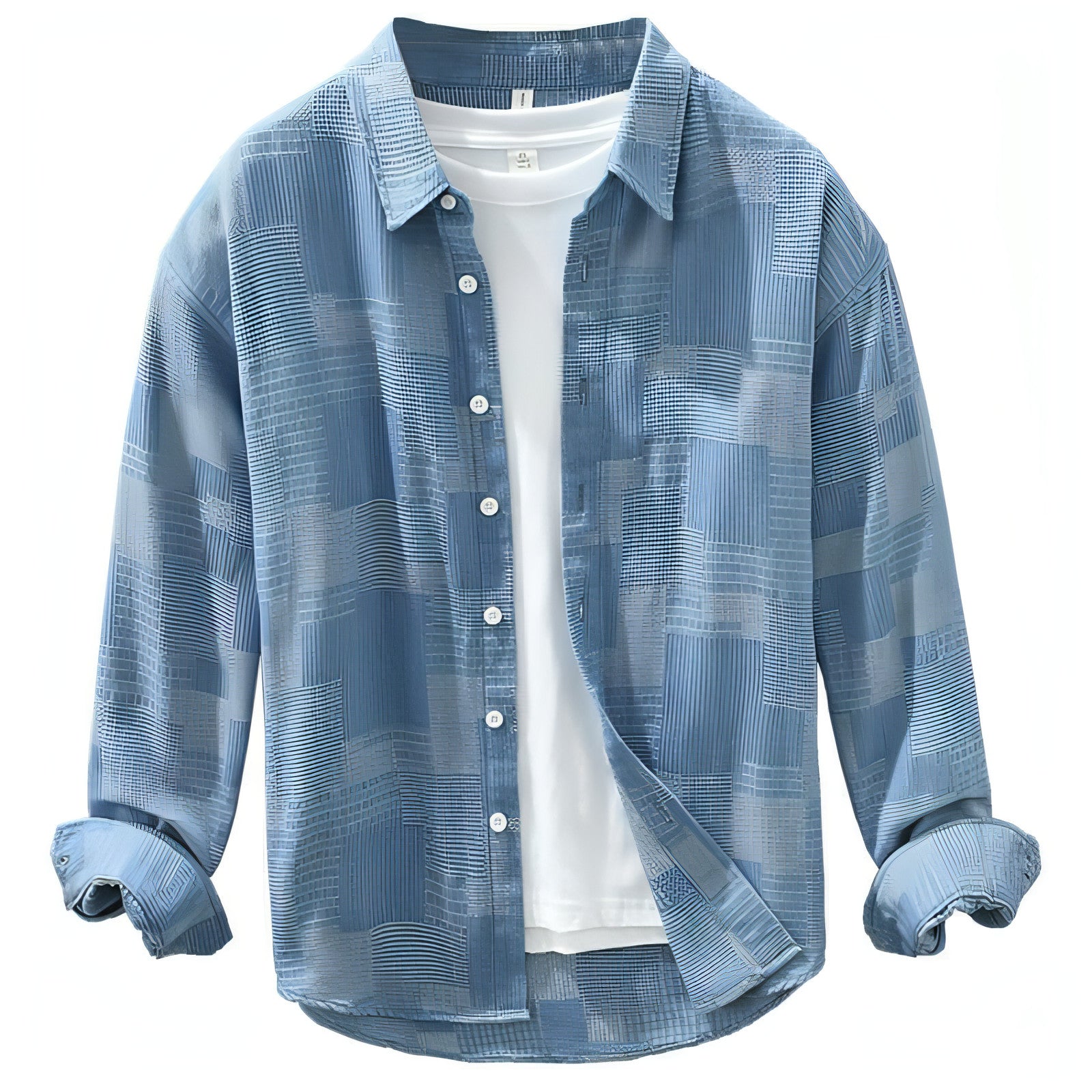 Men's Jacquard Color Matching Casual Denim Long-sleeved Dress Shirt showcasing stylish design and premium fabric.