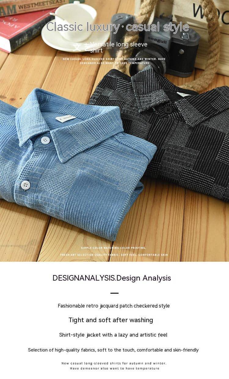 Men's Jacquard Color Matching Casual Denim Long-sleeved Dress Shirt showcasing stylish design and premium fabric.