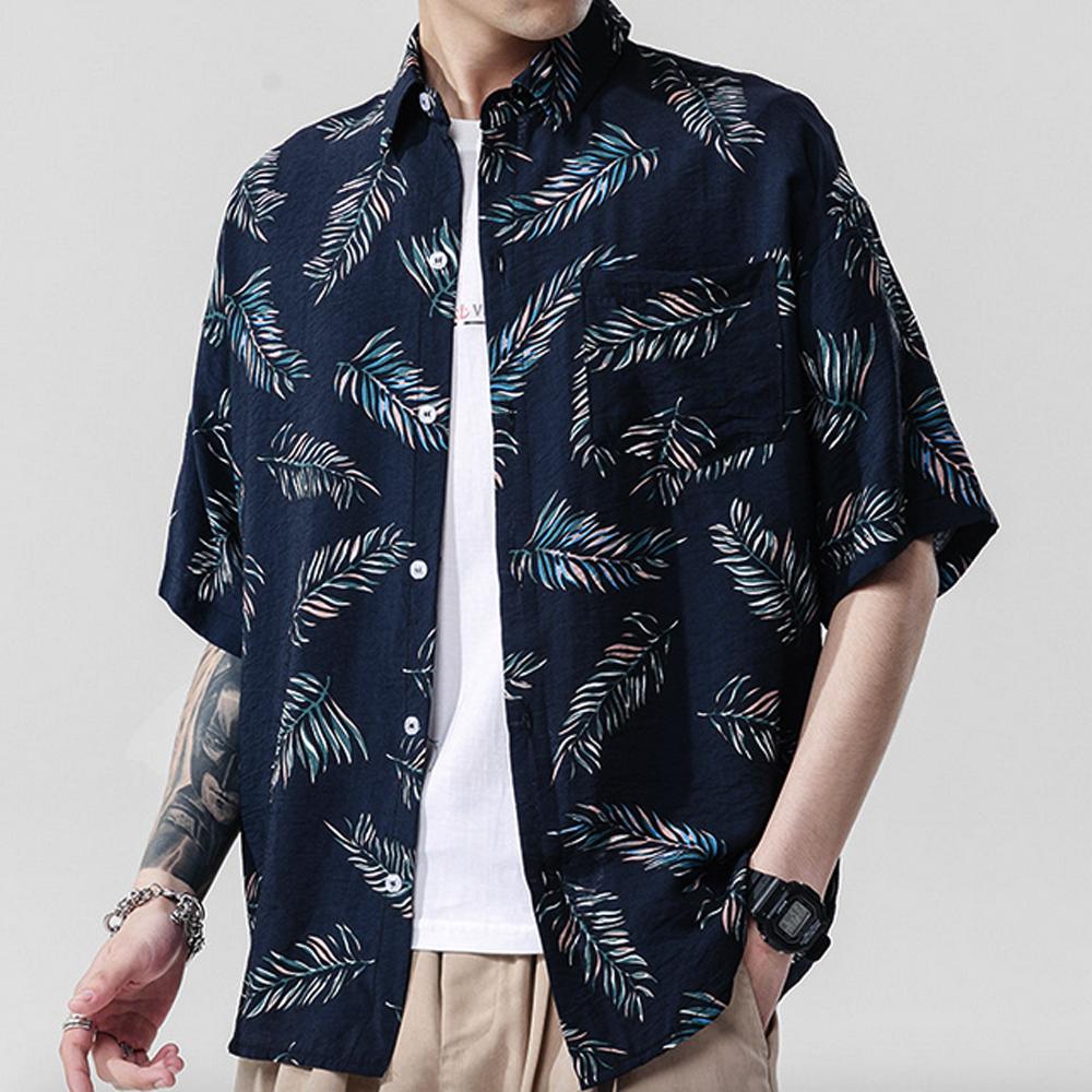 Men's Loose Fit Summer Floral Hawaiian Shirt in navy with vibrant floral patterns, perfect for summer outings and casual wear.