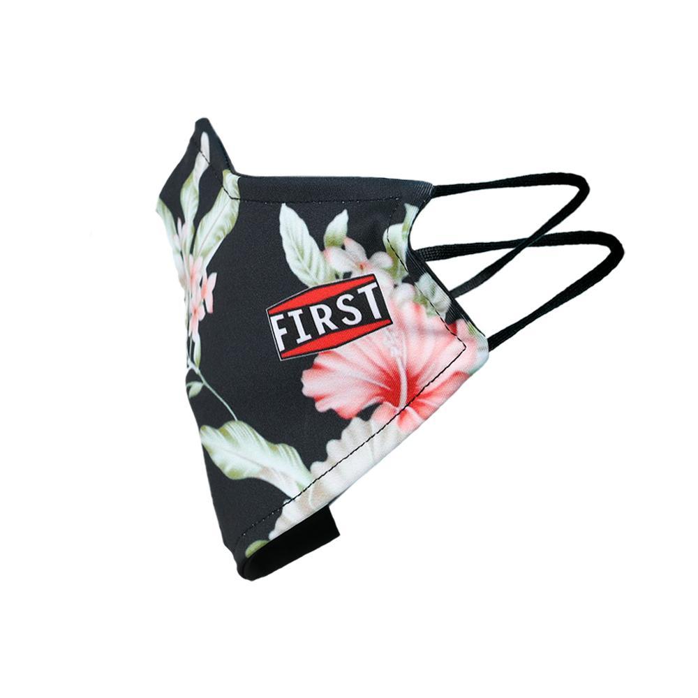 A set of 5 reusable 2-ply black and pink flower patterned masks with elastic ear bands, showcasing their stylish design and breathable fabric.