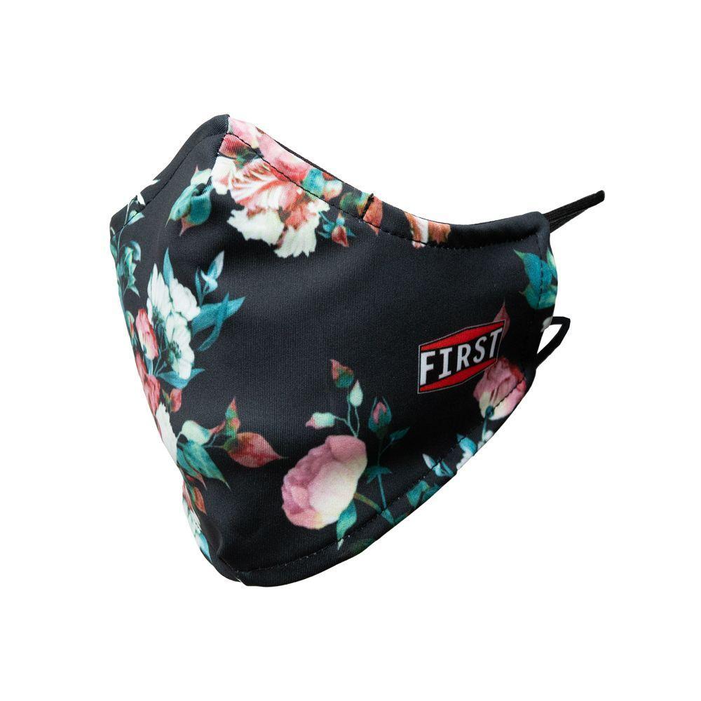 A set of 5 reusable non-medical masks featuring a stylish black and pink roses design, made from breathable 2-ply fabric with elastic ear bands.