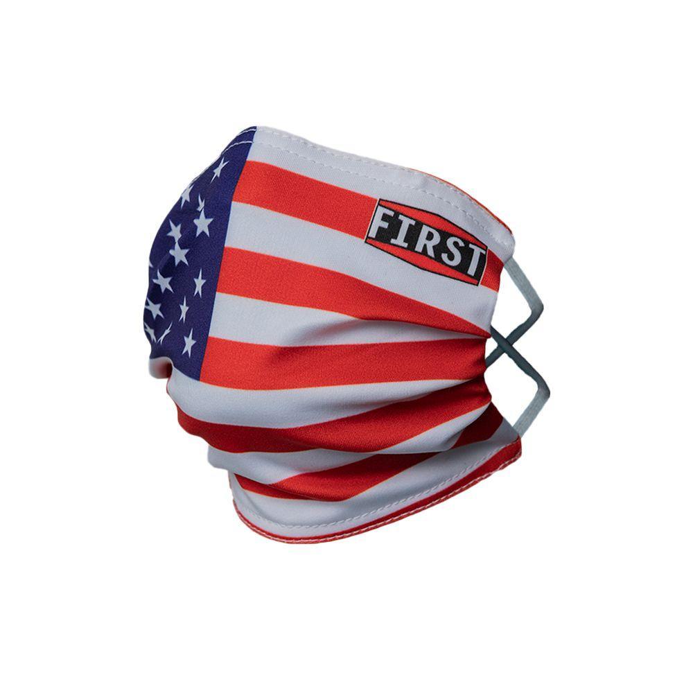 A set of 5 reusable 2-ply red, white, and blue non-medical masks with elastic ear bands, showcasing their breathable fabric and patriotic design.