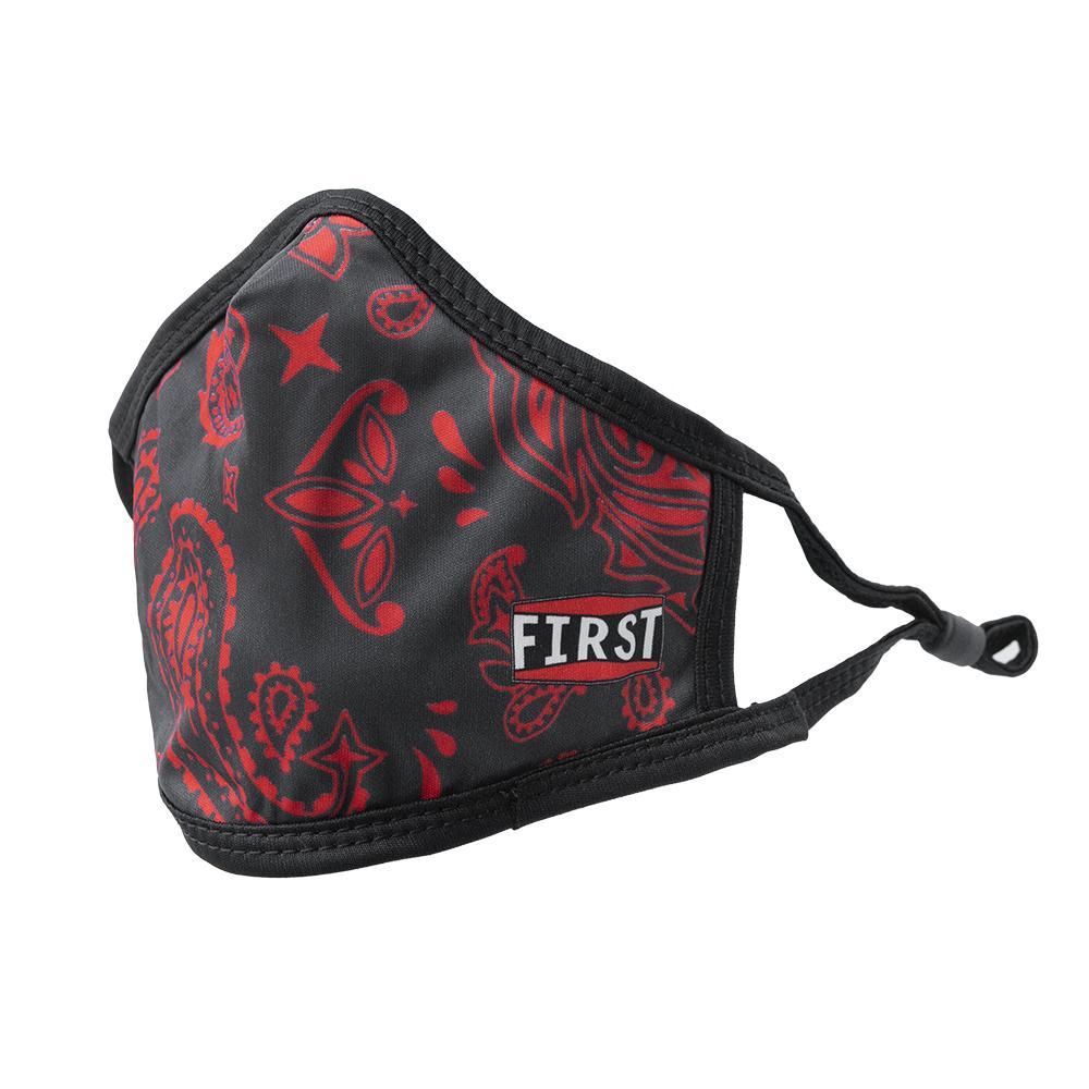 3-Ply Black/Red Bandana reusable mask with adjustable ear loops, showcasing a stylish design.
