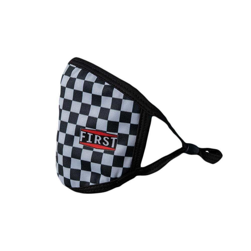 Set of 5 reusable 3-ply black and white checkerboard masks with adjustable ear loops.