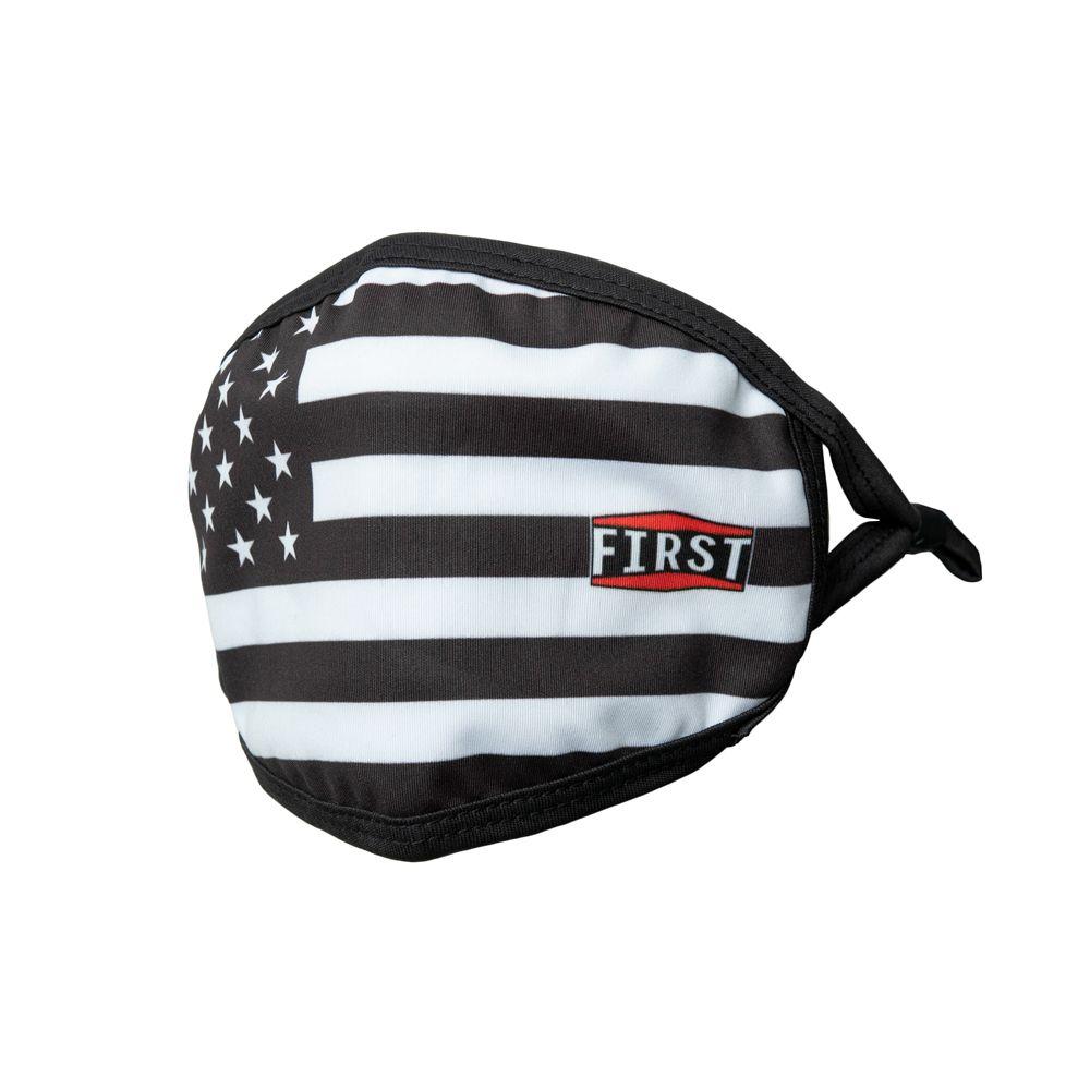 3-Ply Black/White USA Flag Reusable Mask displayed on a white background, showcasing its patriotic design and adjustable ear loops.