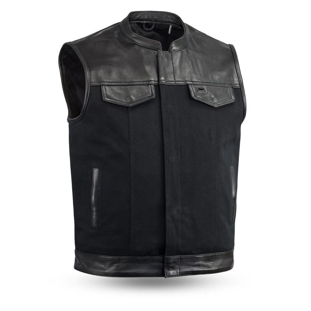 49/51 Men's Leather & Canvas Vest featuring durable canvas and cowhide, stylish preacher collar, and multiple pockets.