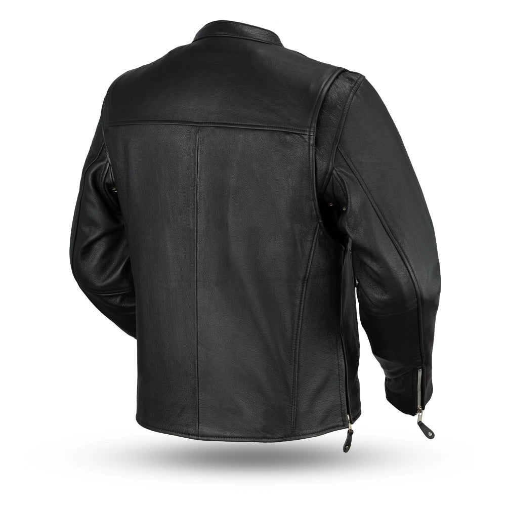 Ace Men's Motorcycle Clean Café Style Leather Jacket featuring a banded collar, zippered pockets, and durable cowhide leather.