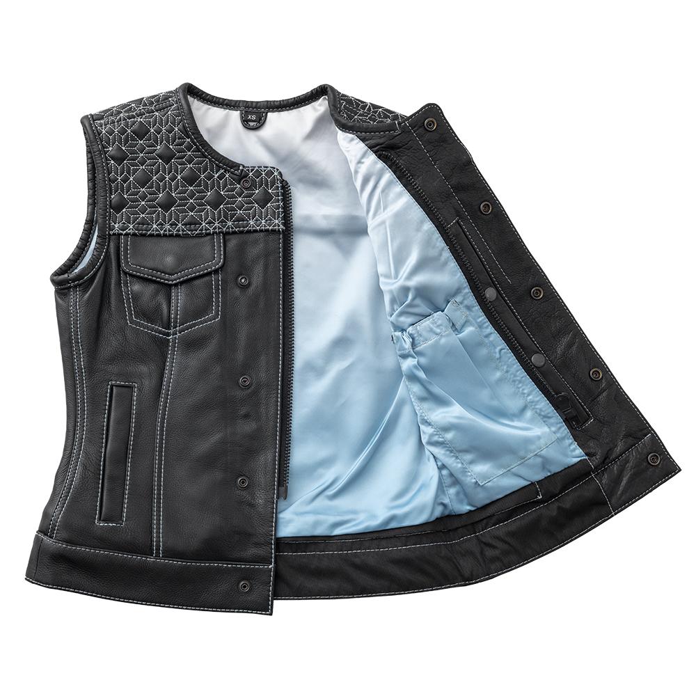 Angelite Women's Club Style Motorcycle Leather Vest in black leather with baby blue stitching and stained glass quilt texture.