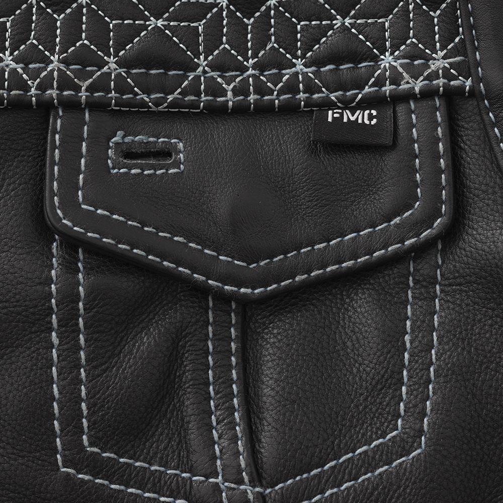 Angelite Women's Club Style Motorcycle Leather Vest in black leather with baby blue stitching and stained glass quilt texture.