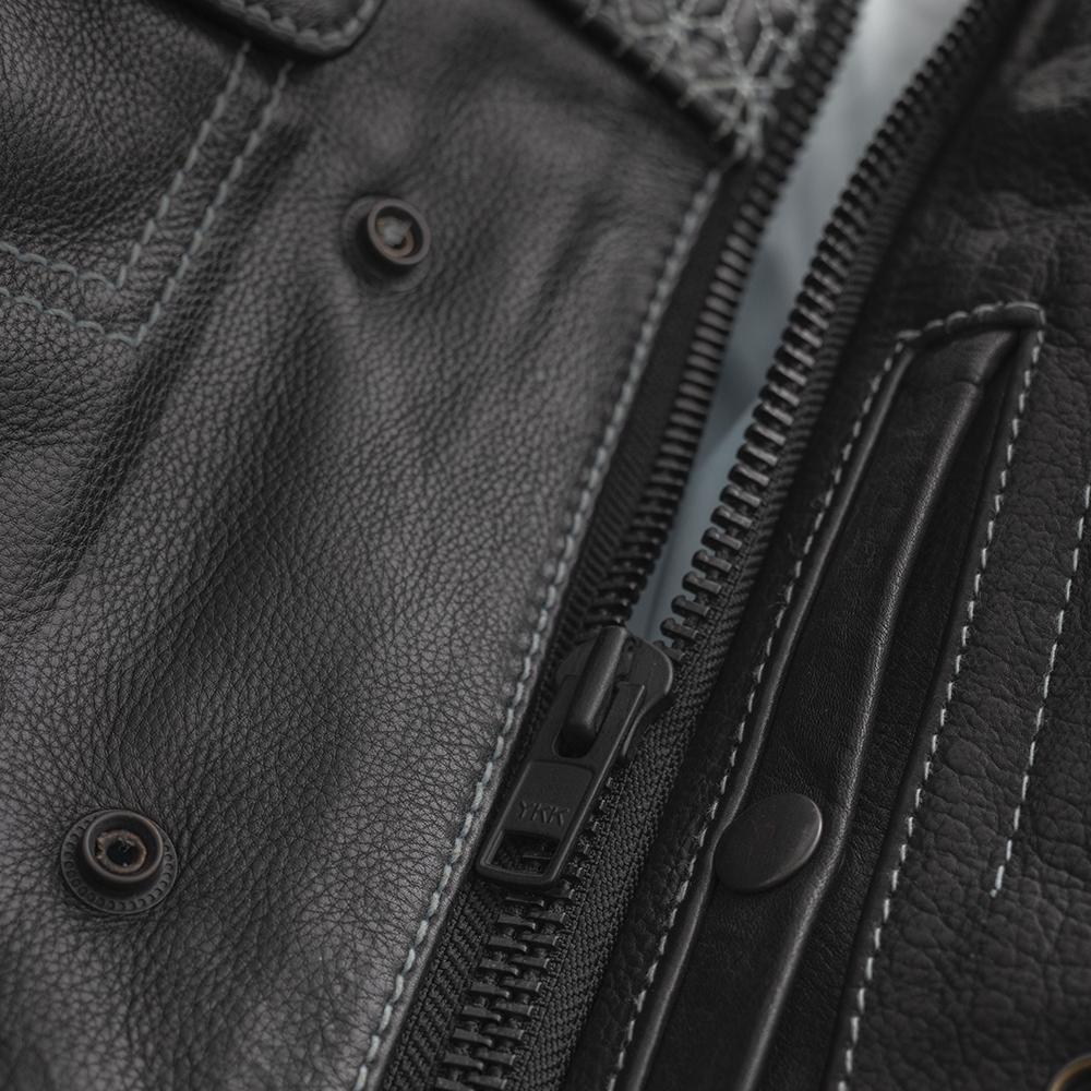 Angelite Women's Club Style Motorcycle Leather Vest in black leather with baby blue stitching and stained glass quilt texture.