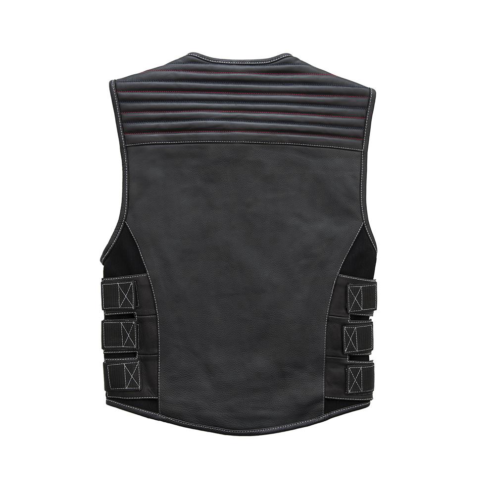 Anthem Men's SWAT Style Leather Vest featuring roll-up collar, concealed carry pockets, and American flag satin lining.
