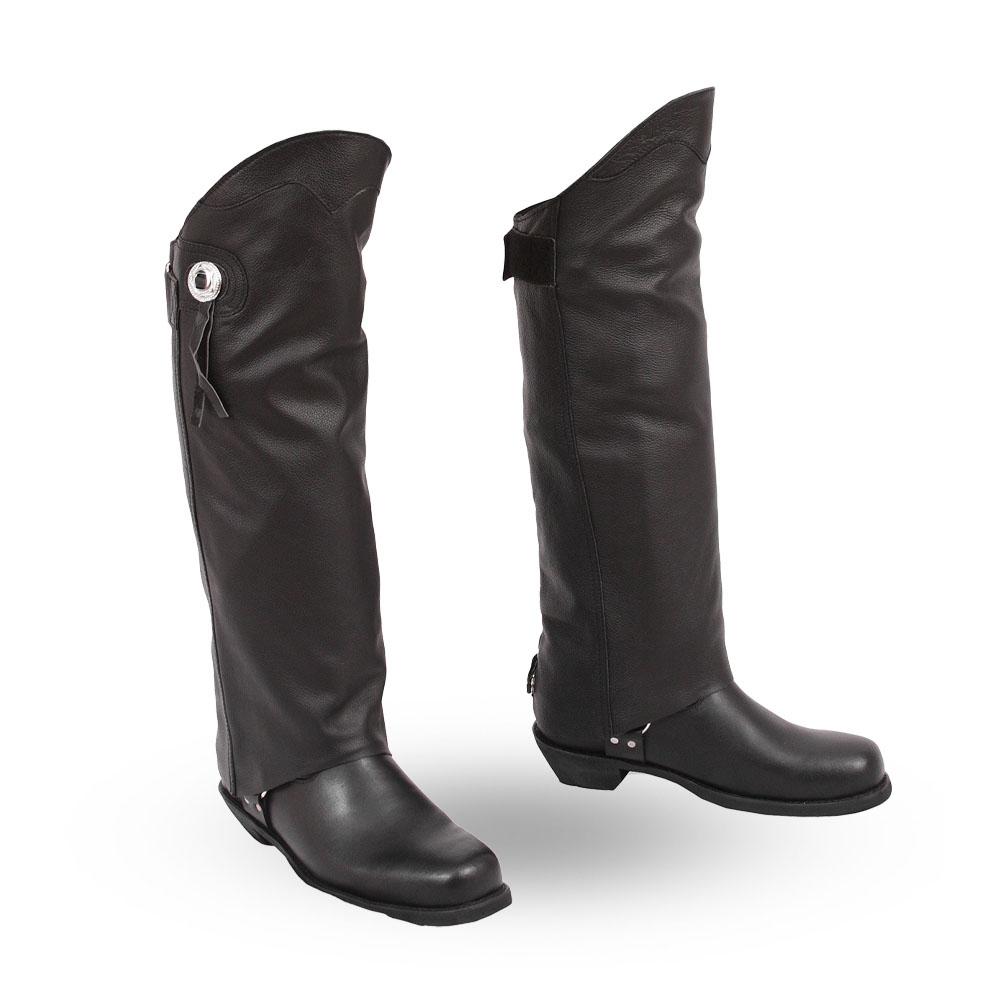 Asphalt Unisex Motorcycle Short Leather Half Chaps featuring zippered entry and Concho detailing, designed for comfort and protection.