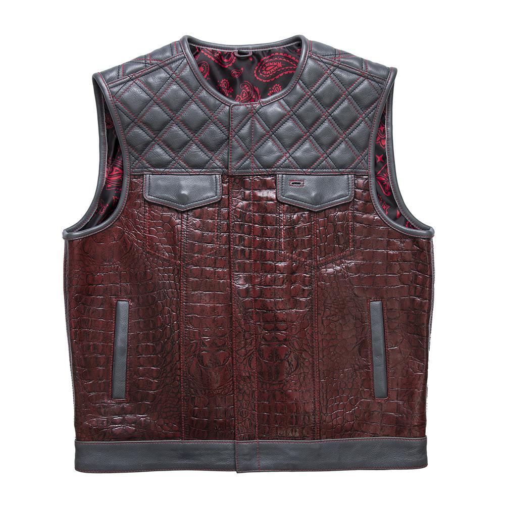 Auction 001 jacket in size XL featuring anthracite grey leather accents and crocodile embossed oxblood leather.