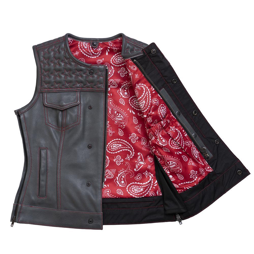 Auction 027 women's jacket in anthracite gray leather, featuring a roll-up collar, multiple pockets, and stylish red stitching.