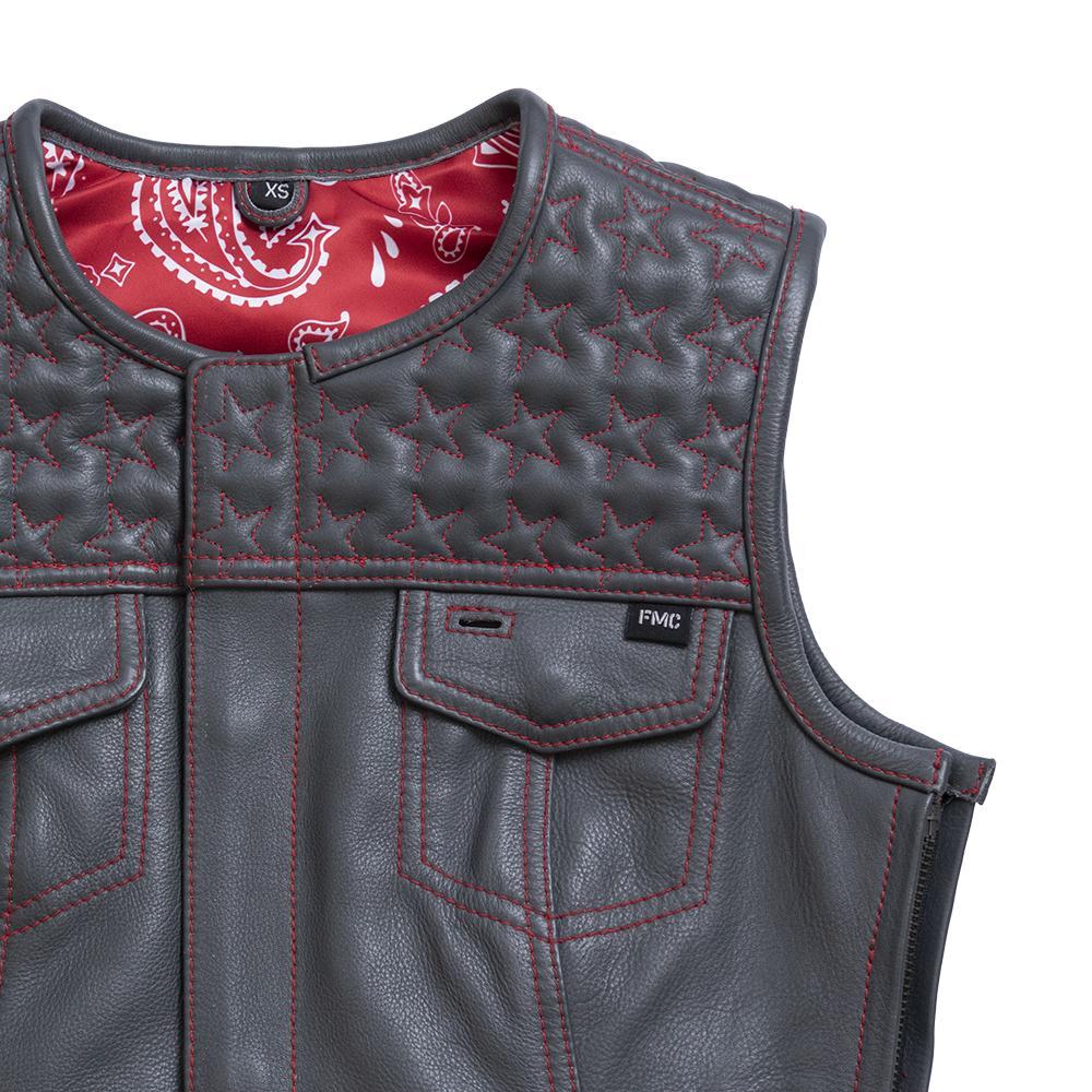 Auction 027 women's jacket in anthracite gray leather, featuring a roll-up collar, multiple pockets, and stylish red stitching.