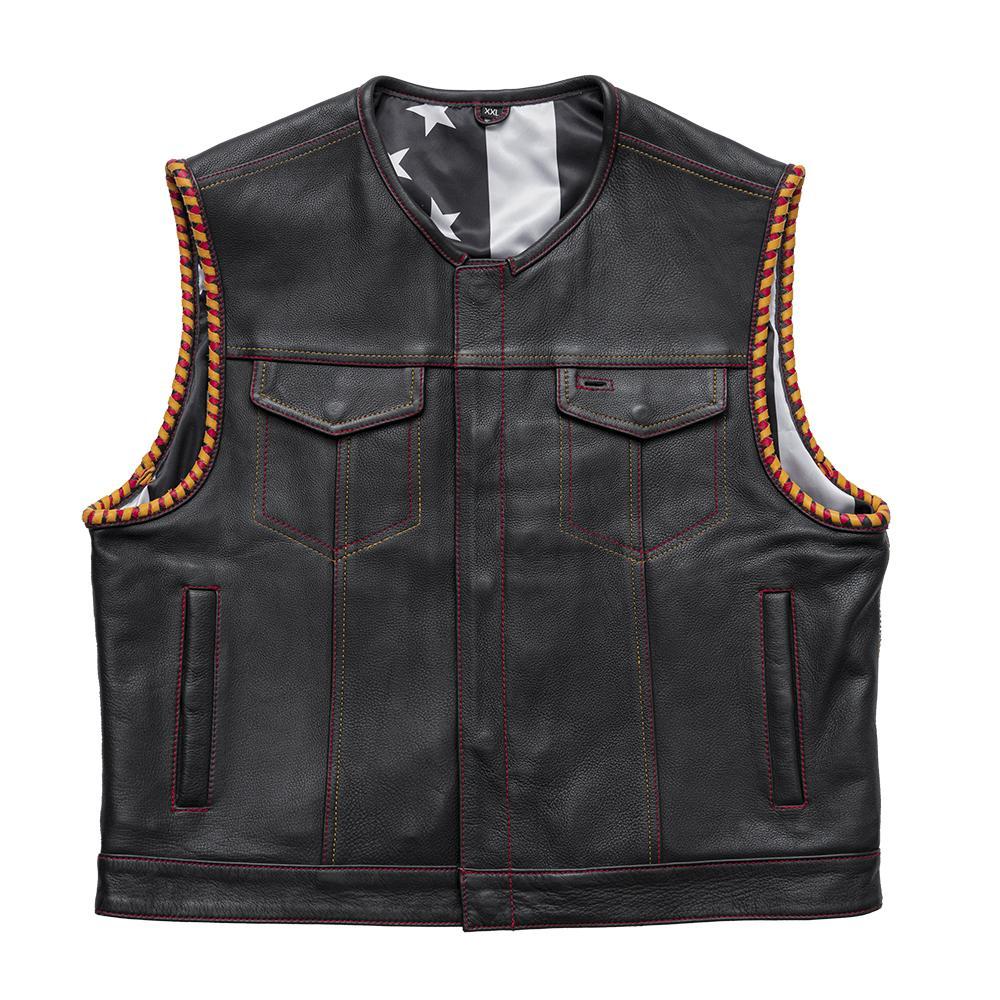 Auction 041 jacket in size 2XL, made from Diamond Naked Cowhide leather, featuring red and gold stitching and concealed carry pockets.