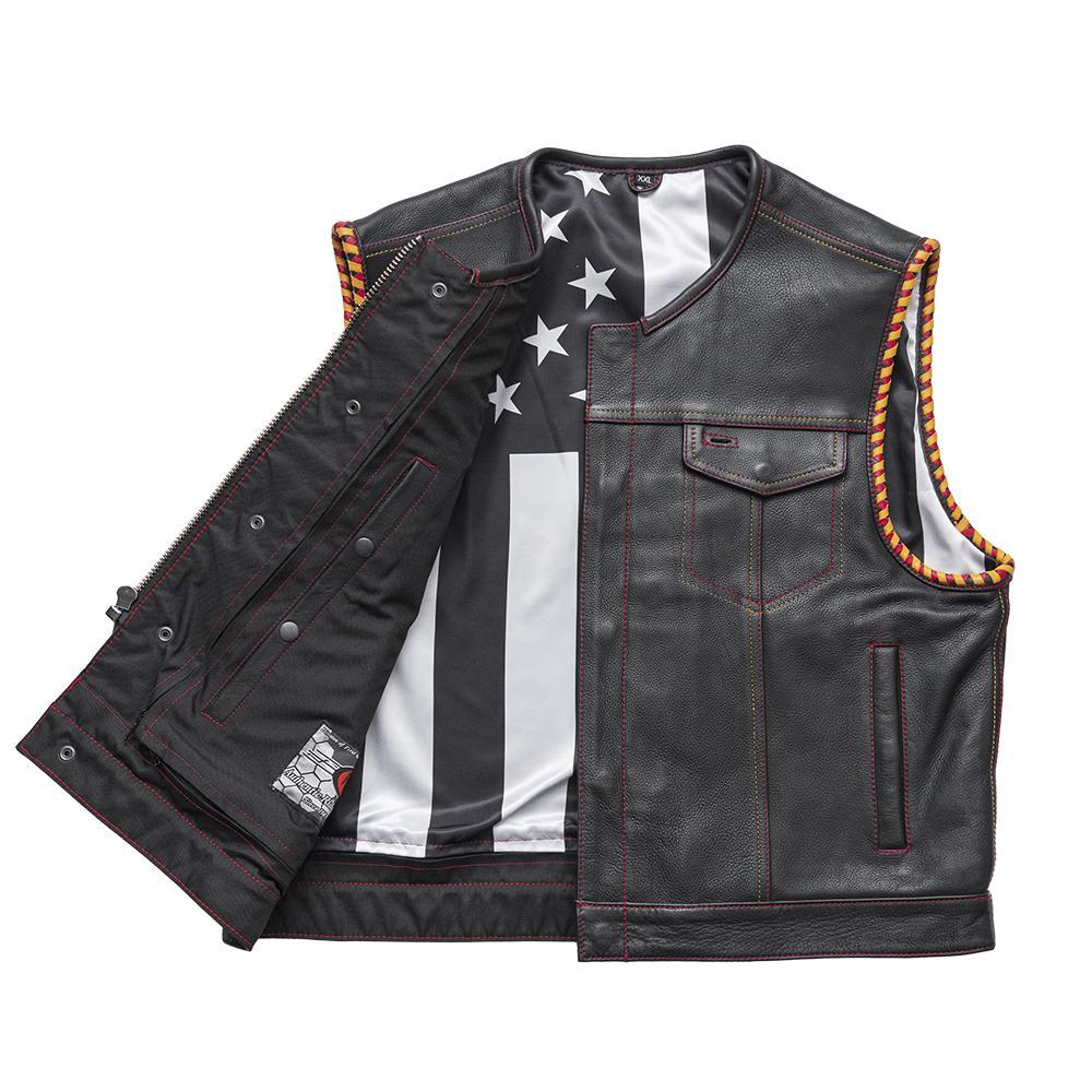 Auction 041 jacket in size 2XL, made from Diamond Naked Cowhide leather, featuring red and gold stitching and concealed carry pockets.