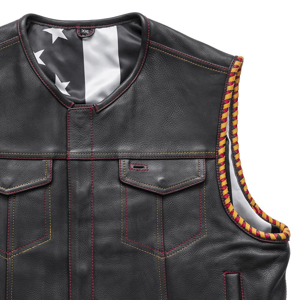 Auction 041 jacket in size 2XL, made from Diamond Naked Cowhide leather, featuring red and gold stitching and concealed carry pockets.