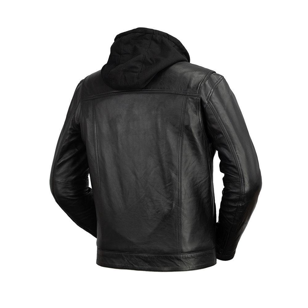 Axel Men's Hooded Leather Jacket made from genuine sheepskin leather, featuring a removable hood and zippered chest vents.