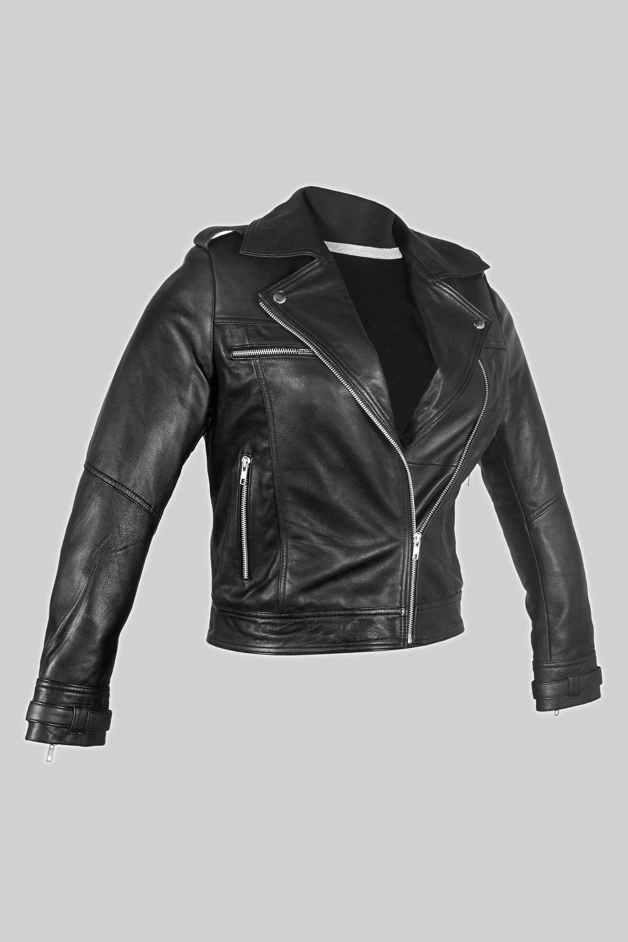 Women's black biker lambskin leather jacket featuring asymmetrical zipper and quilted shoulder detailing, showcasing elegance and bold fashion.